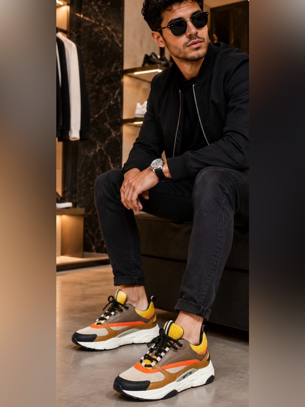 Dior B22 Men’s Chunky Sneakers Yellow Orange Brown Mesh Calfskin Made in Italy